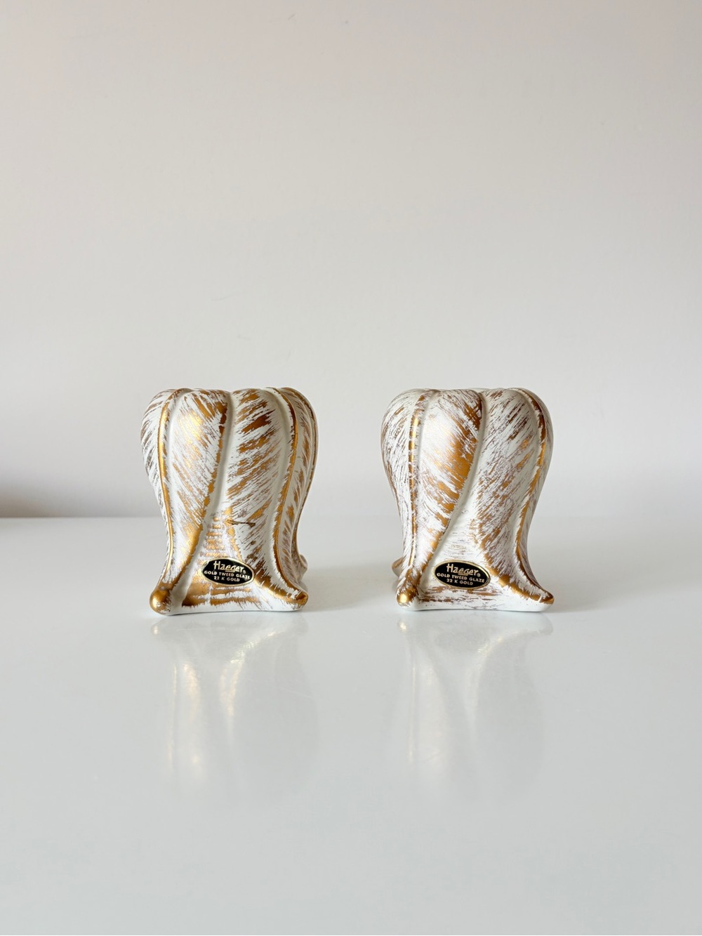 Vintage Haeger Gold Tweed 22K Gold Brushed Candle Holders Pair Art Deco